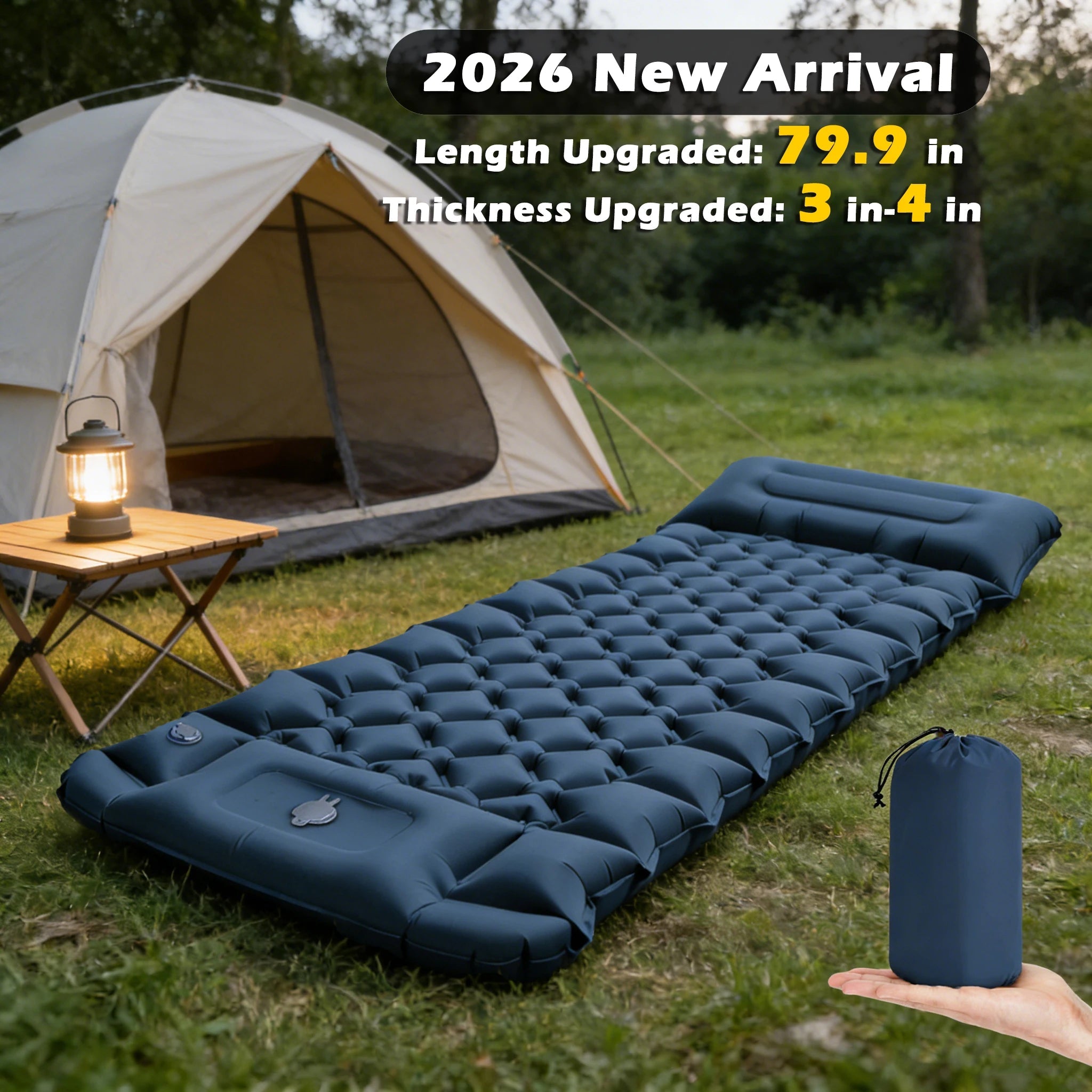 Campingmatratze aufblasbar 203 cm mit Kissen und Fußpumpe — Wasserdicht, kompakt, für Zelten und Outdoor-Abenteuer – Zorenza