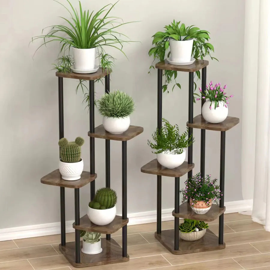 5-Tier Plant Shelf – Black Metal Frame with Wooden Shelves for Indoor Use – Zorenza