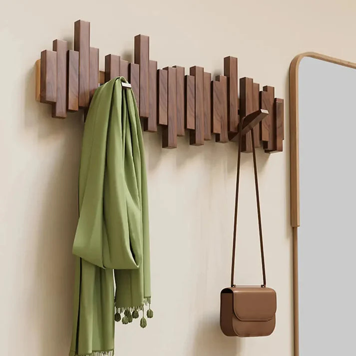 Wood wall coat rack with foldable hooks – piano design made of solid wood, 3 to 8 hooks