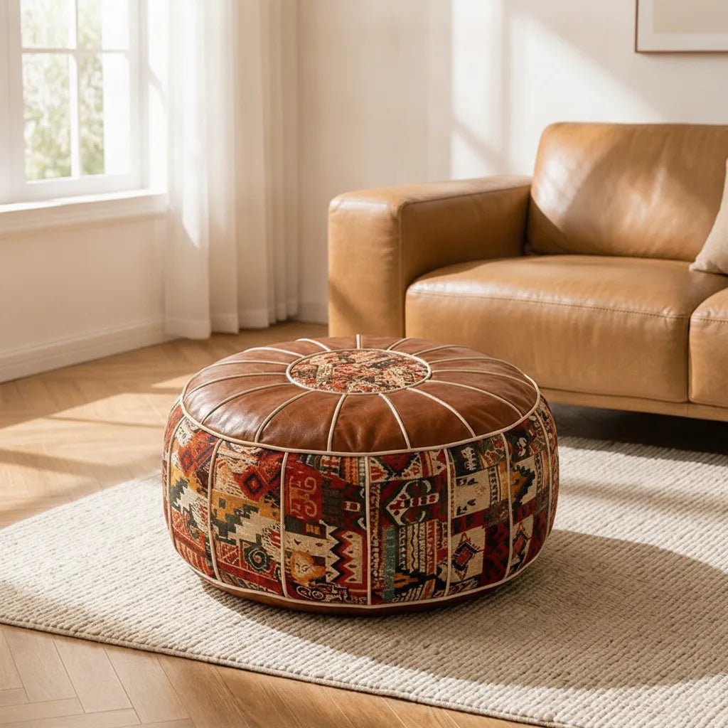 Storage ottoman with boho kilim pattern, faux leather, living room, bedroom – Zorenza