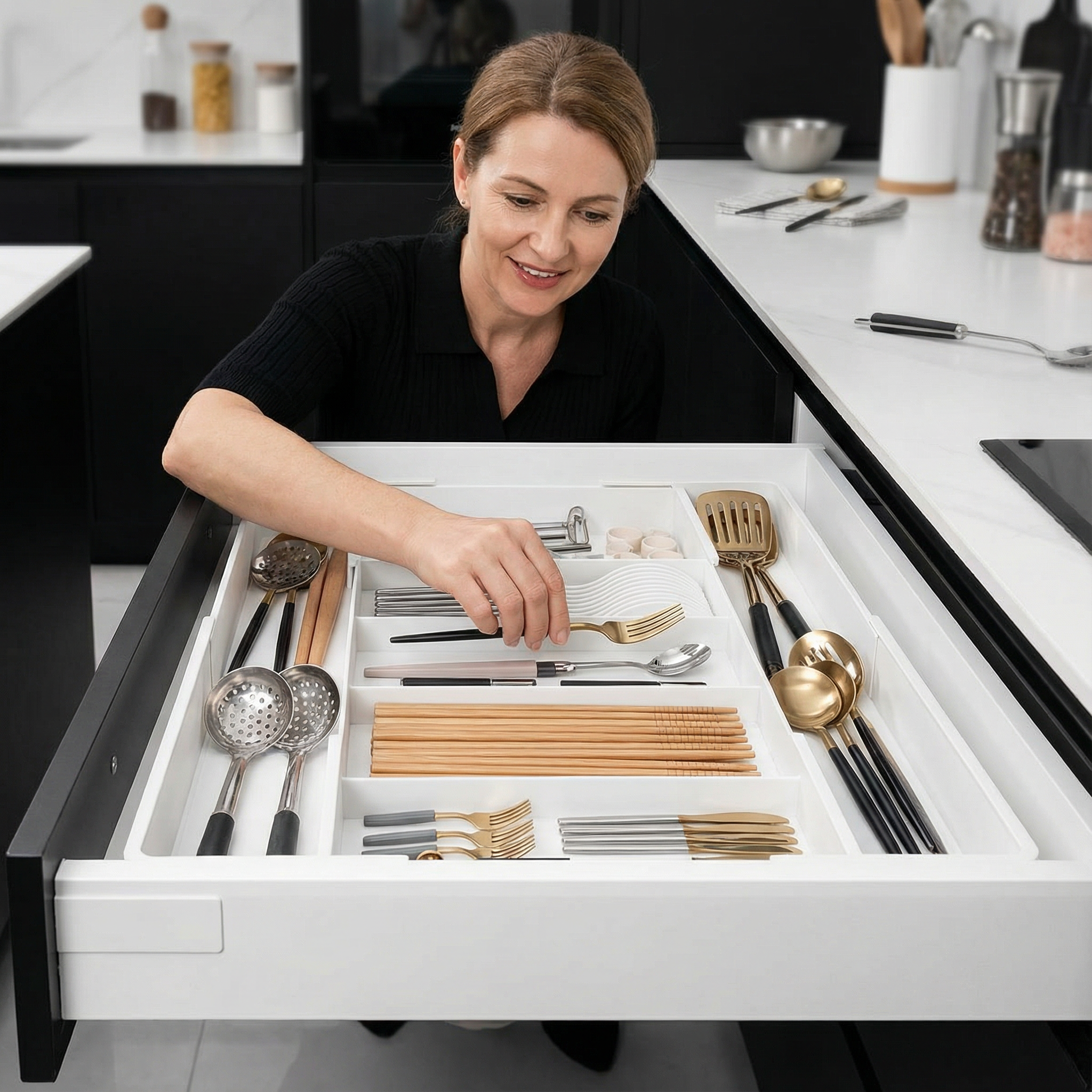 Schubladen Organizer Kunststoff verstellbar – Flexible Fächer für Küche, Besteck und Utensilien, ausziehbar für alle Schubladengrößen – Zorenza