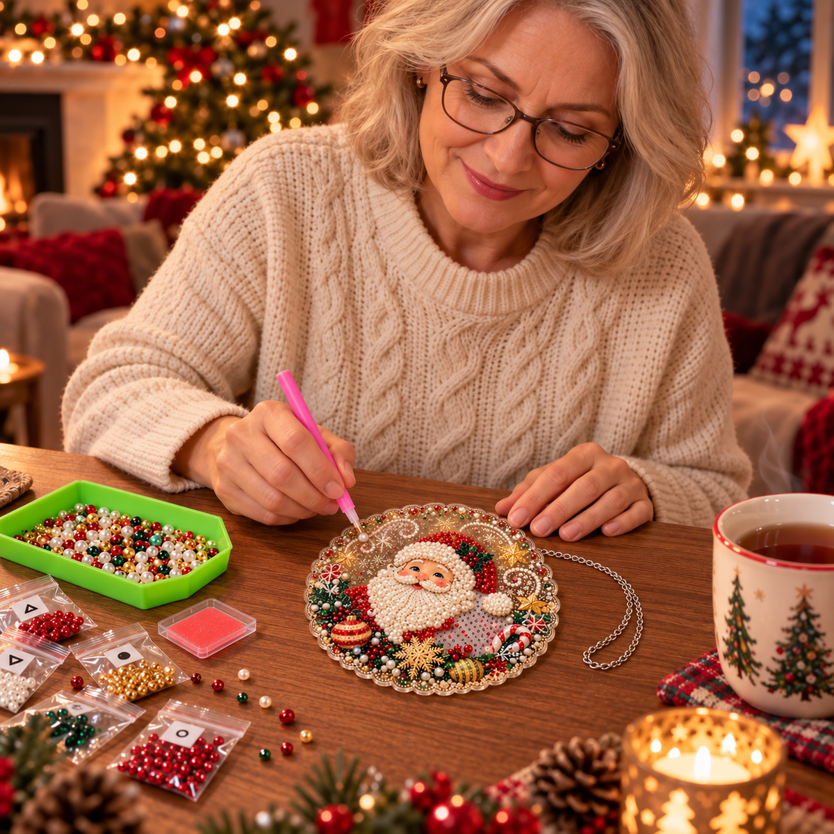 Diamond Art Christmas Ornament Craft Kit with Beads, 20x20 cm – Zorenza
