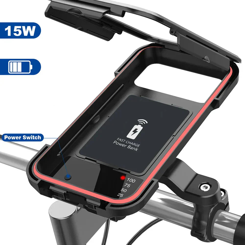Fahrrad-Handyhalter wasserdicht ABS-Kunststoff mit 15W kabelloser Ladefunktion – 5000 mAh Powerbank für E-Bike und Fahrrad – Zorenza
