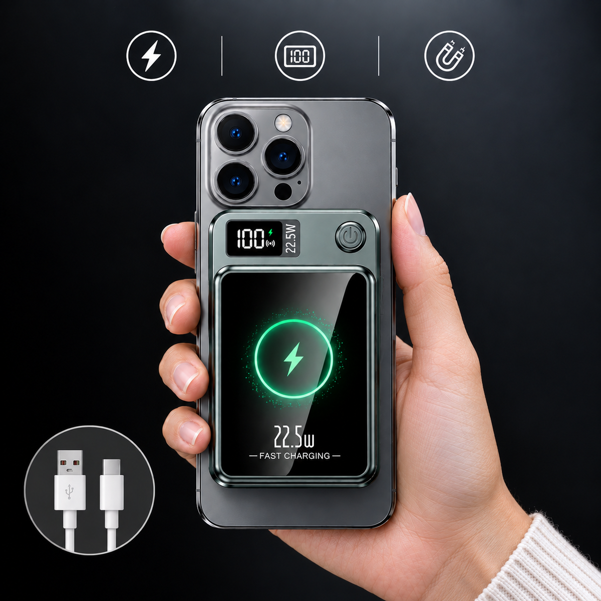 Powerbank mit kabellosem Laden und LED-Anzeige -    Zorenza