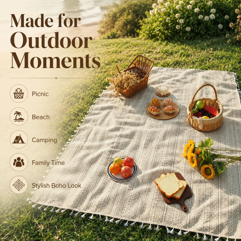 Picknickdecke mit Boho-Muster und Fransen – Polyester -    Zorenza