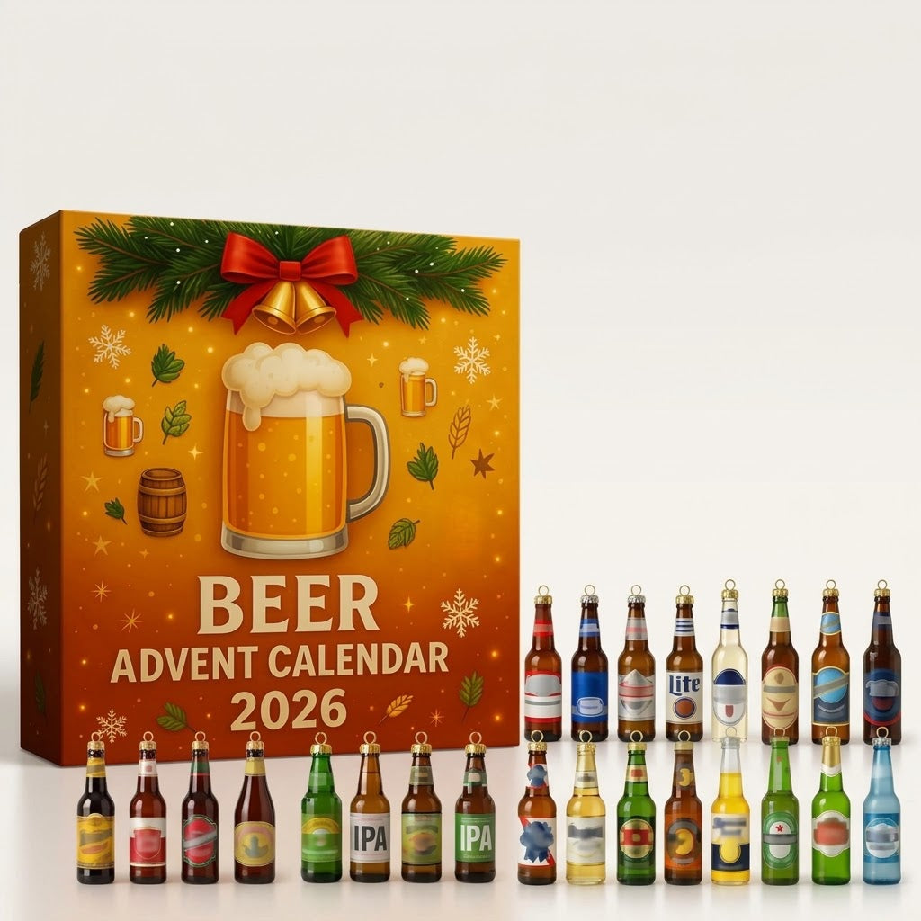 Bier-Adventskalender 2026 mit 24 Bierflaschen-Anhängern aus Acryl – Weihnachtsbaumschmuck für Bierliebhaber -    Zorenza