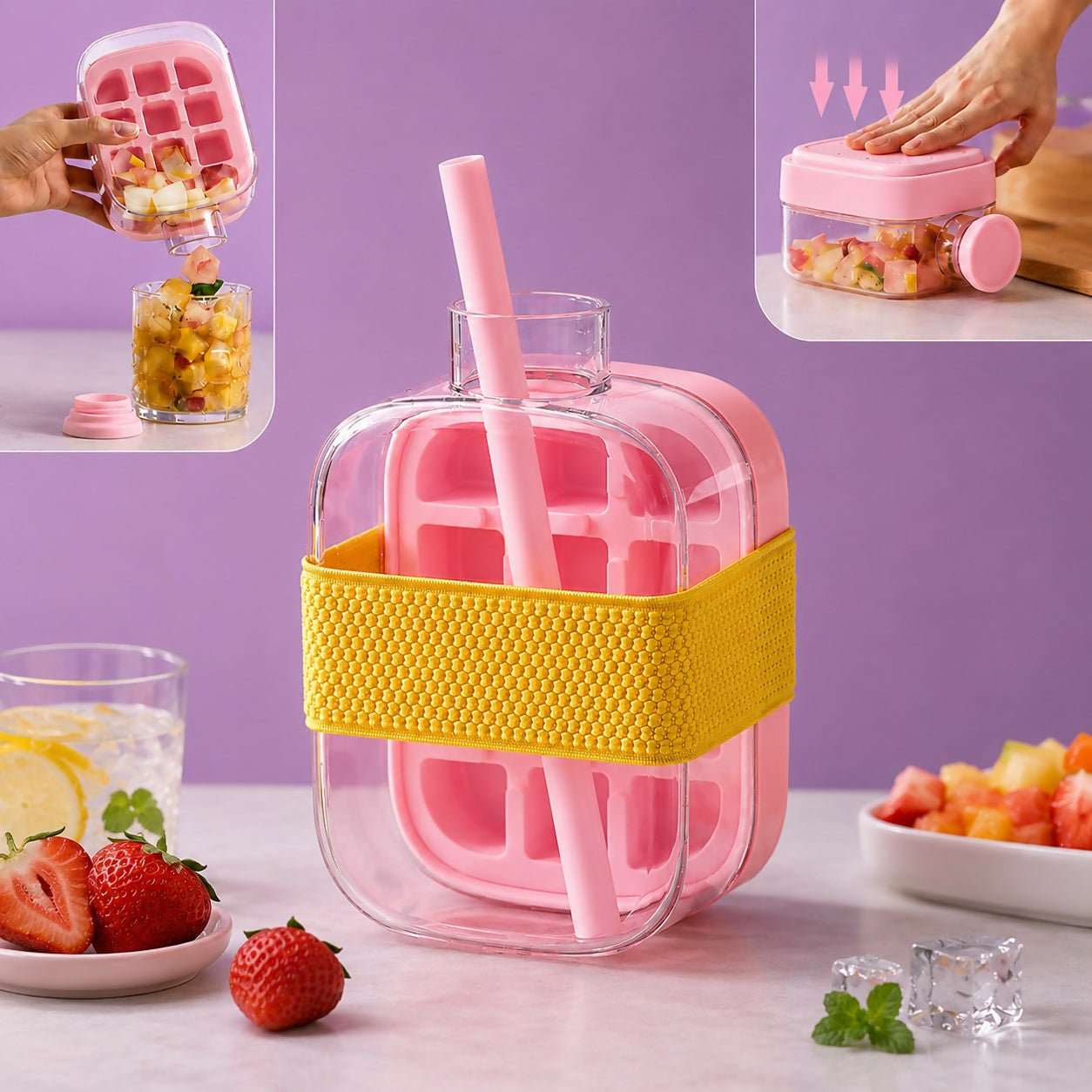 Eiswürfelform-Flasche mit Strohhalm und Silikonhülle -    Zorenza