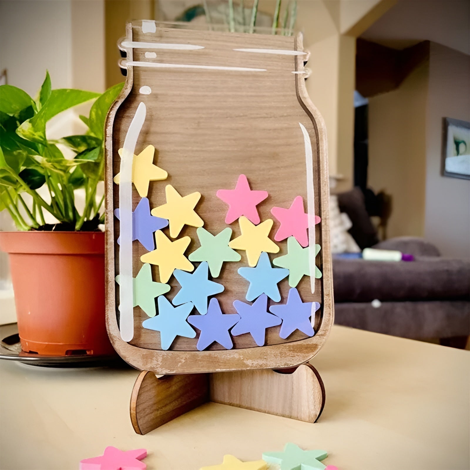 Beloningsglas Holz mit bunten Sternen für Kinder-Motivation -    Zorenza