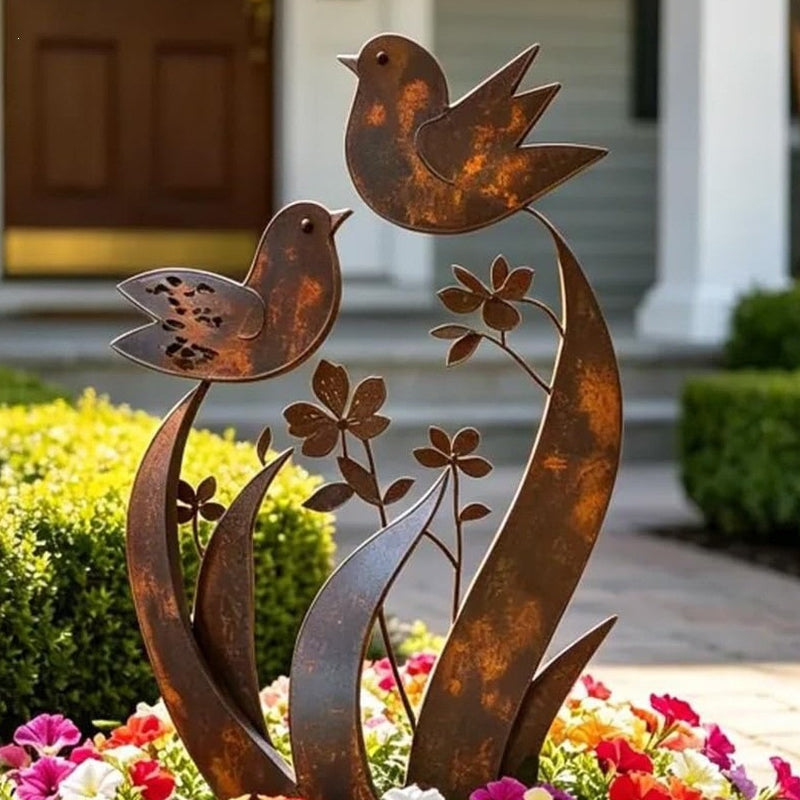 Gartenstecker Eisen mit Vogel- und Blumenmotiv -    Zorenza