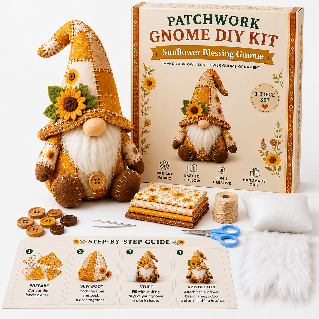 Patchwork-Wichtel Nähset – DIY Gnom zum Selbernähen, komplett mit Füllwatte & Plüschbart -    Zorenza
