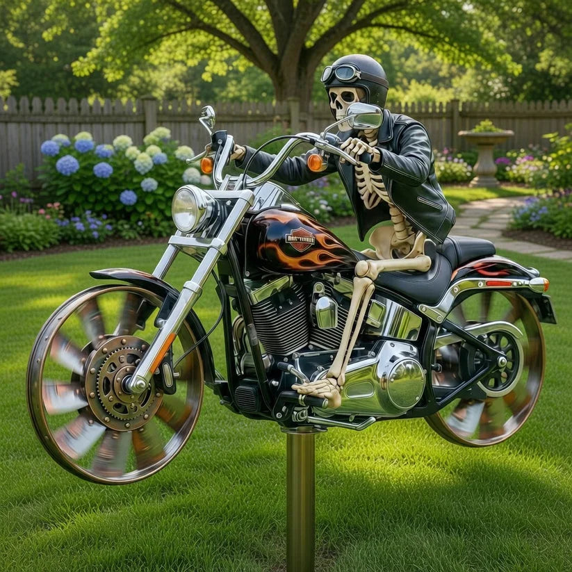 Motorrad-Windrad mit Skelett-Fahrer für Garten -    Zorenza