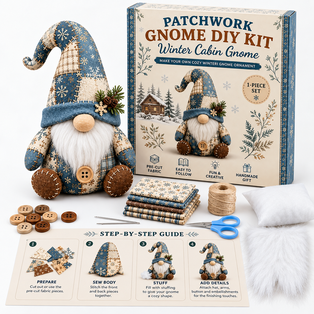 Patchwork-Wichtel Nähset – DIY Gnom zum Selbernähen, komplett mit Füllwatte & Plüschbart -    Zorenza