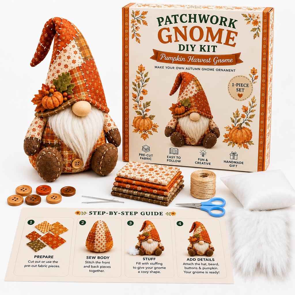 Patchwork-Wichtel Nähset – DIY Gnom zum Selbernähen, komplett mit Füllwatte & Plüschbart -    Zorenza