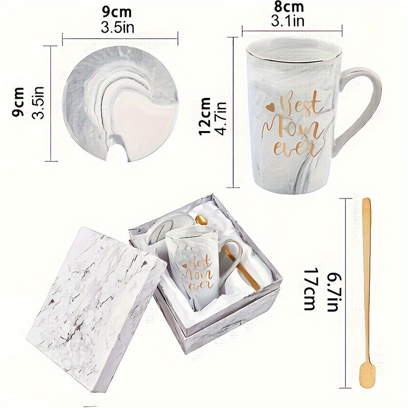 Kaffeetasse mit Deckel und Löffel – Marmoroptik -    Zorenza