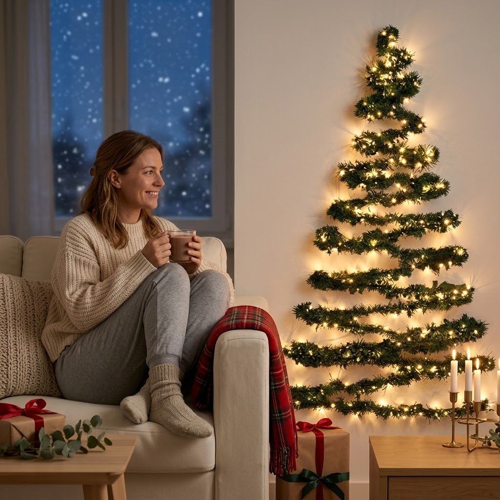 Wand-Weihnachtsbaum mit LED-Lichterkette, batteriebetrieben ohne Steckdose -    Zorenza