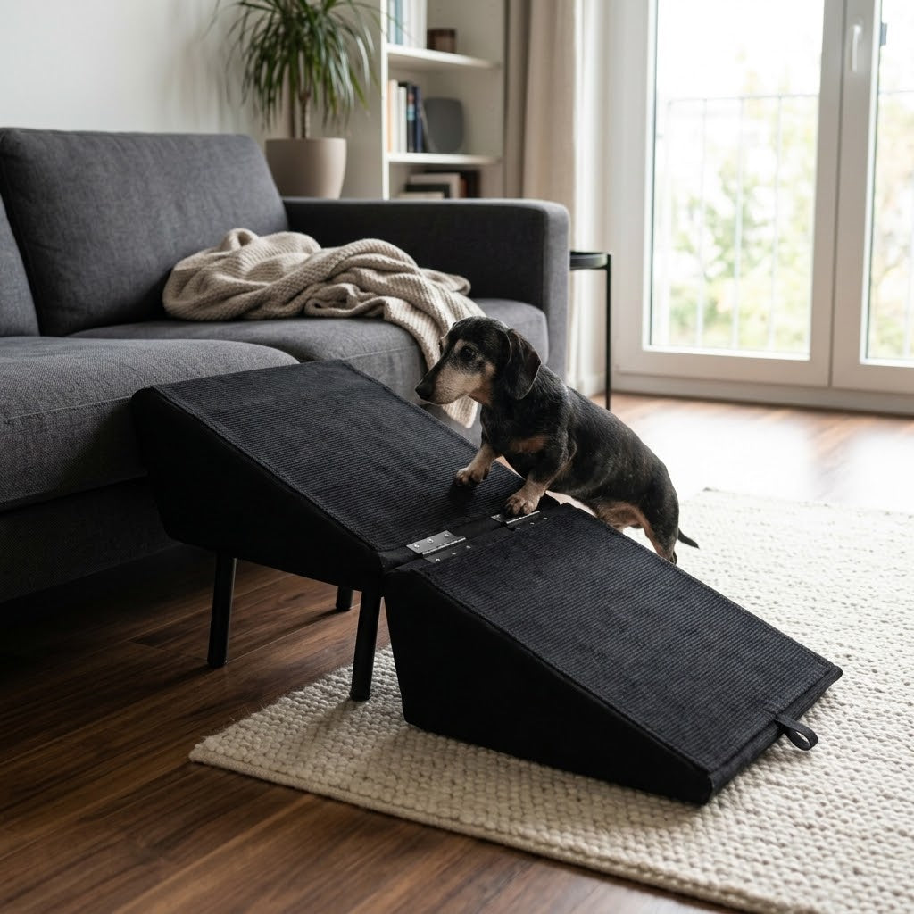 Hunderampe mit Hocker-Funktion – klappbare Aufstiegshilfe für Sofa & Bett -    Zorenza