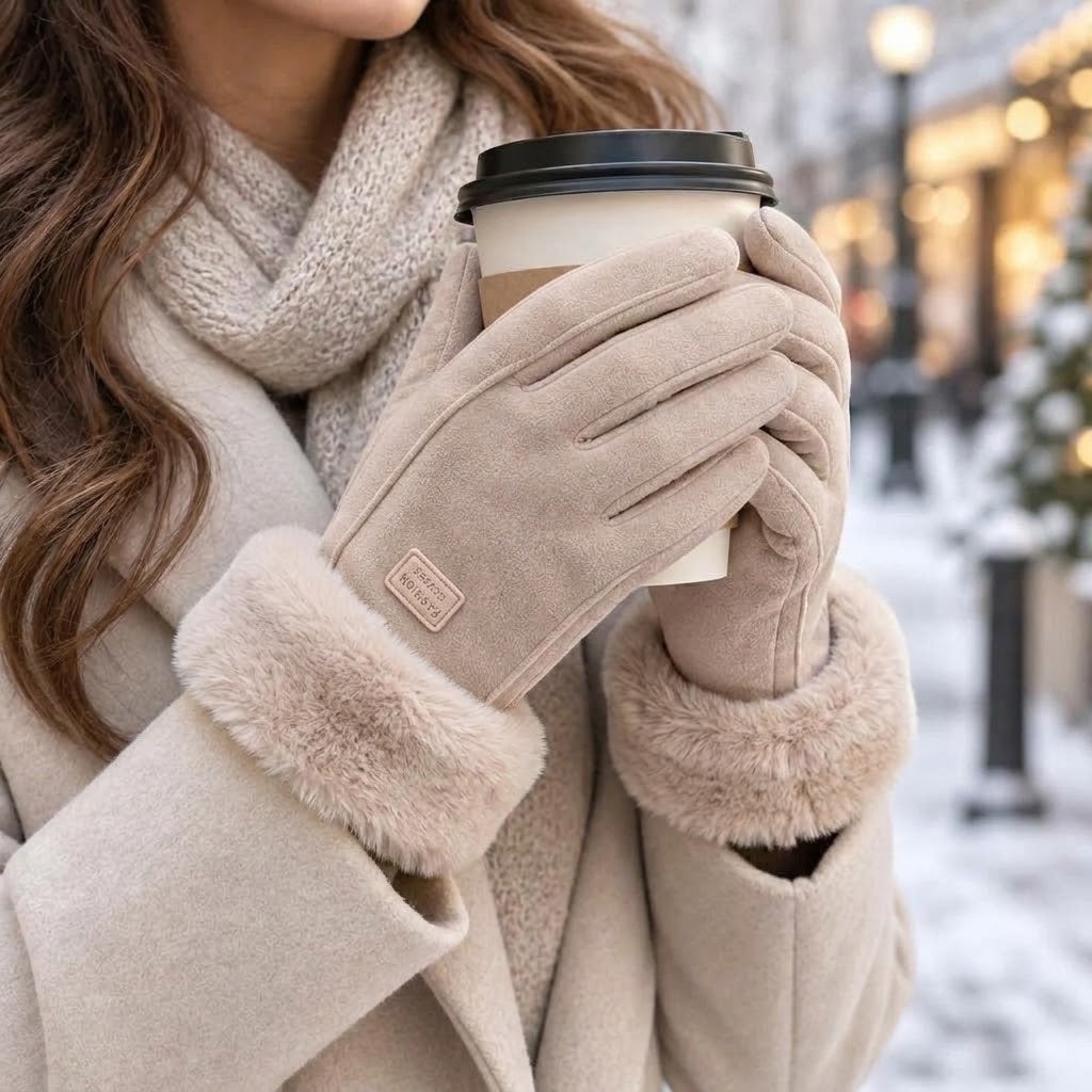 Damen Winterhandschuhe in Wildleder-Optik mit Plüschbündchen und Touchscreen-Fingerkuppe -    Zorenza