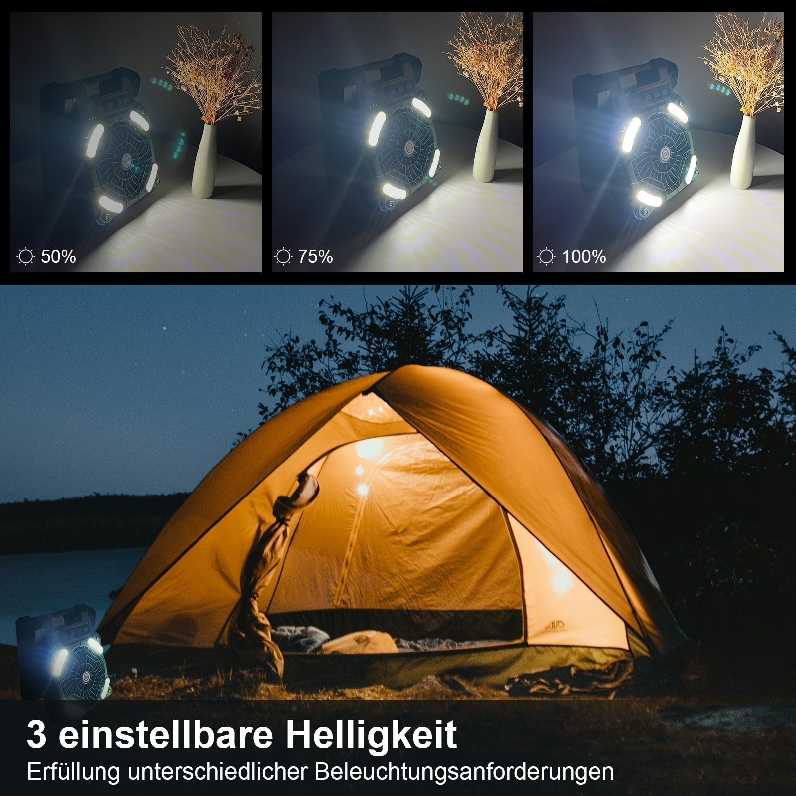Solar-Ventilator mit LED-Licht und Powerbank -    Zorenza