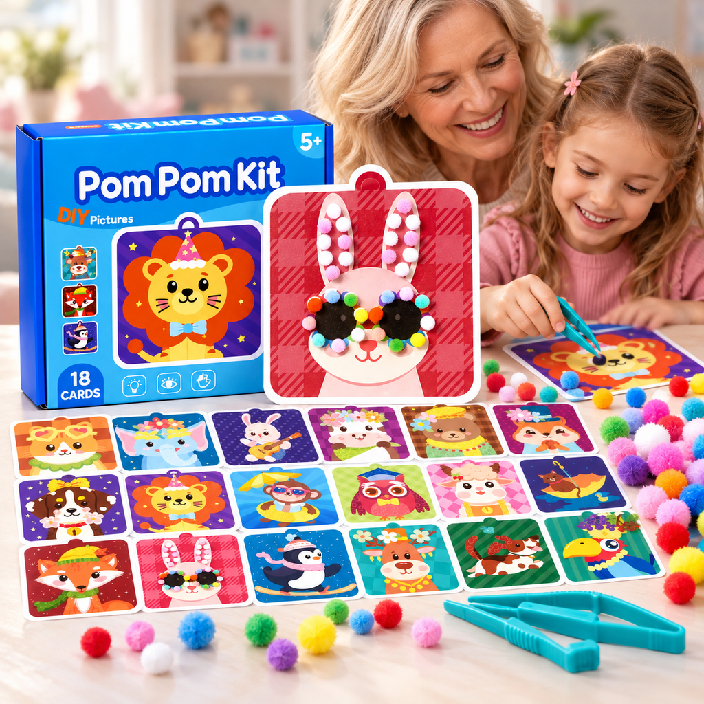Pompon-Steckspiel für Kinder ab 5 Jahren mit 18 Tier-Motivkarten -    Zorenza