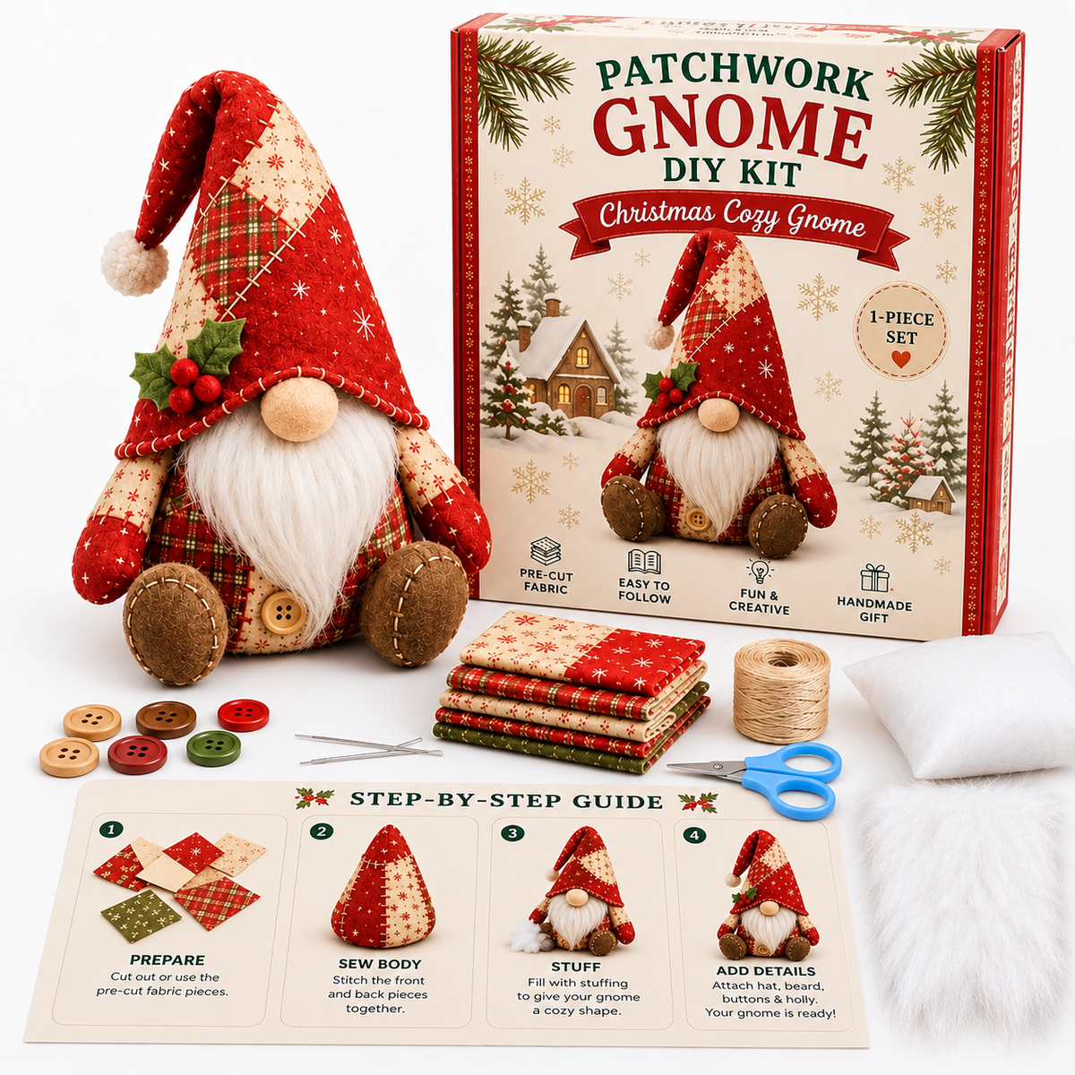 Patchwork-Wichtel Nähset – DIY Gnom zum Selbernähen, komplett mit Füllwatte & Plüschbart -    Zorenza