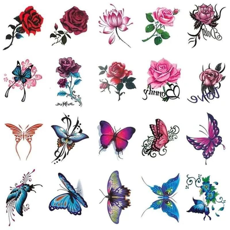 3D Tattoo Stickers mit Blumen- und Schmetterlings-Motiven -    Zorenza