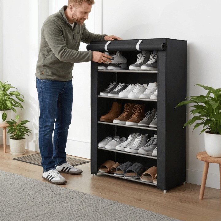 Schuhschrank mit Stoffbezug und Stahlgestell – 6 oder 8 Ebenen Zorenza