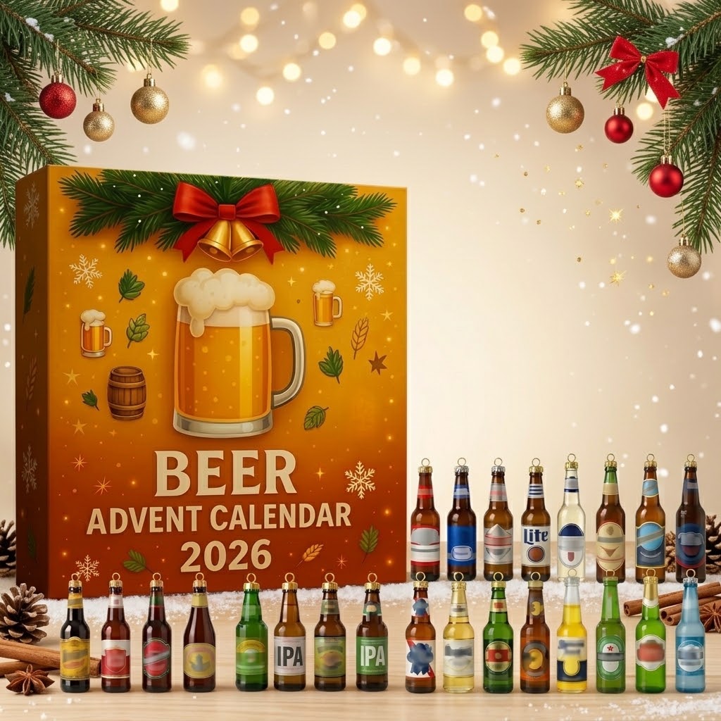 Bier-Adventskalender 2026 mit 24 Bierflaschen-Anhängern aus Acryl – Weihnachtsbaumschmuck für Bierliebhaber -    Zorenza