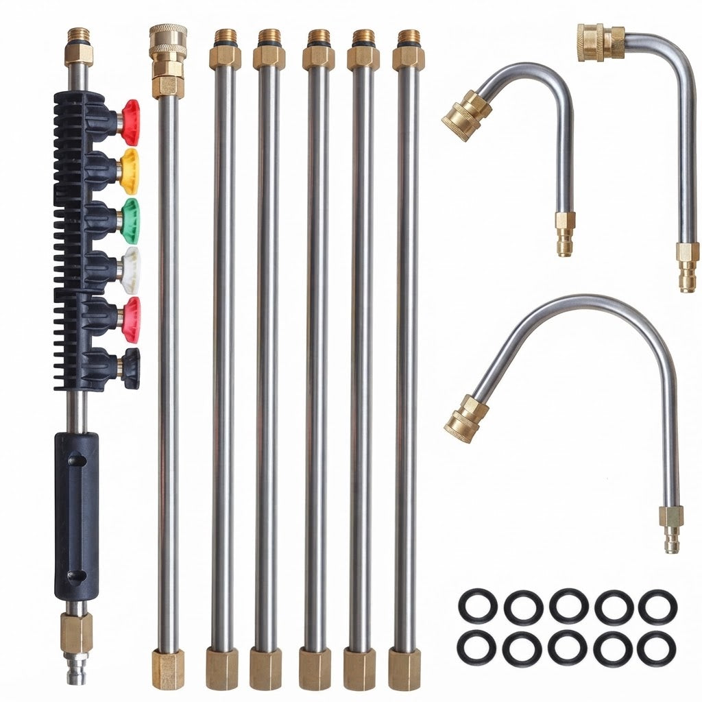Hochdruckreiniger-Verlängerung aus Edelstahl, 2,5 m, mit 3 Bogenaufsätzen und 5 Düsen, 1/4"-Schnellkupplung -    Zorenza