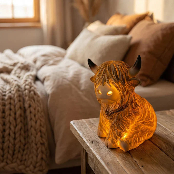 Highland-Kuh Nachtlicht aus Resin – Dekorative Lampe mit warmem Bernsteinlicht Zorenza