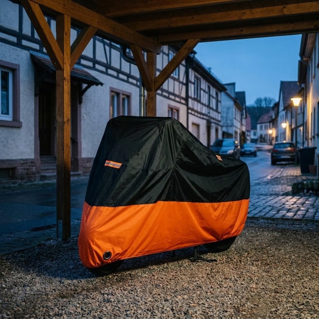 Motorradabdeckung aus 190T Oxford mit Schlossöse und Reflektoren, Schwarz/Orange, M–XXL -    Zorenza