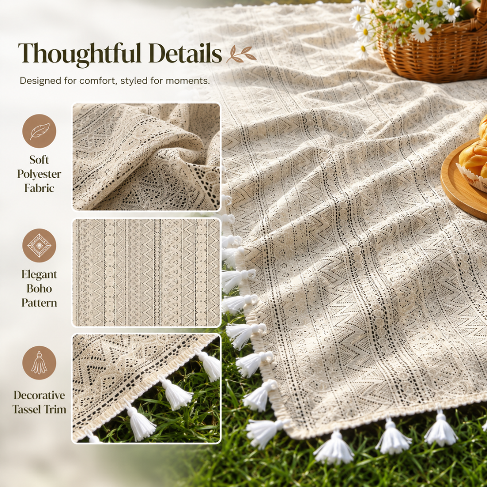 Picknickdecke mit Boho-Muster und Fransen – Polyester -    Zorenza