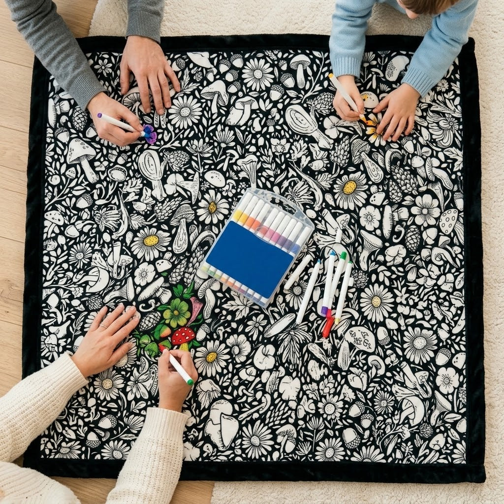 Kuscheldecke zum Ausmalen aus Flanell inkl. 24 Acrylmarker – ca. 130 × 150 cm, 5 Motive -    Zorenza