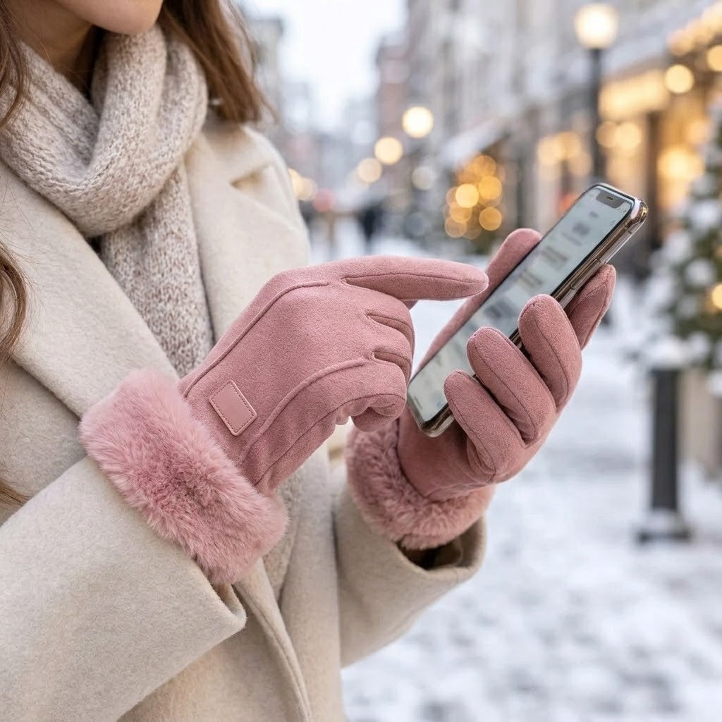 Damen Winterhandschuhe in Wildleder-Optik mit Plüschbündchen und Touchscreen-Fingerkuppe -    Zorenza