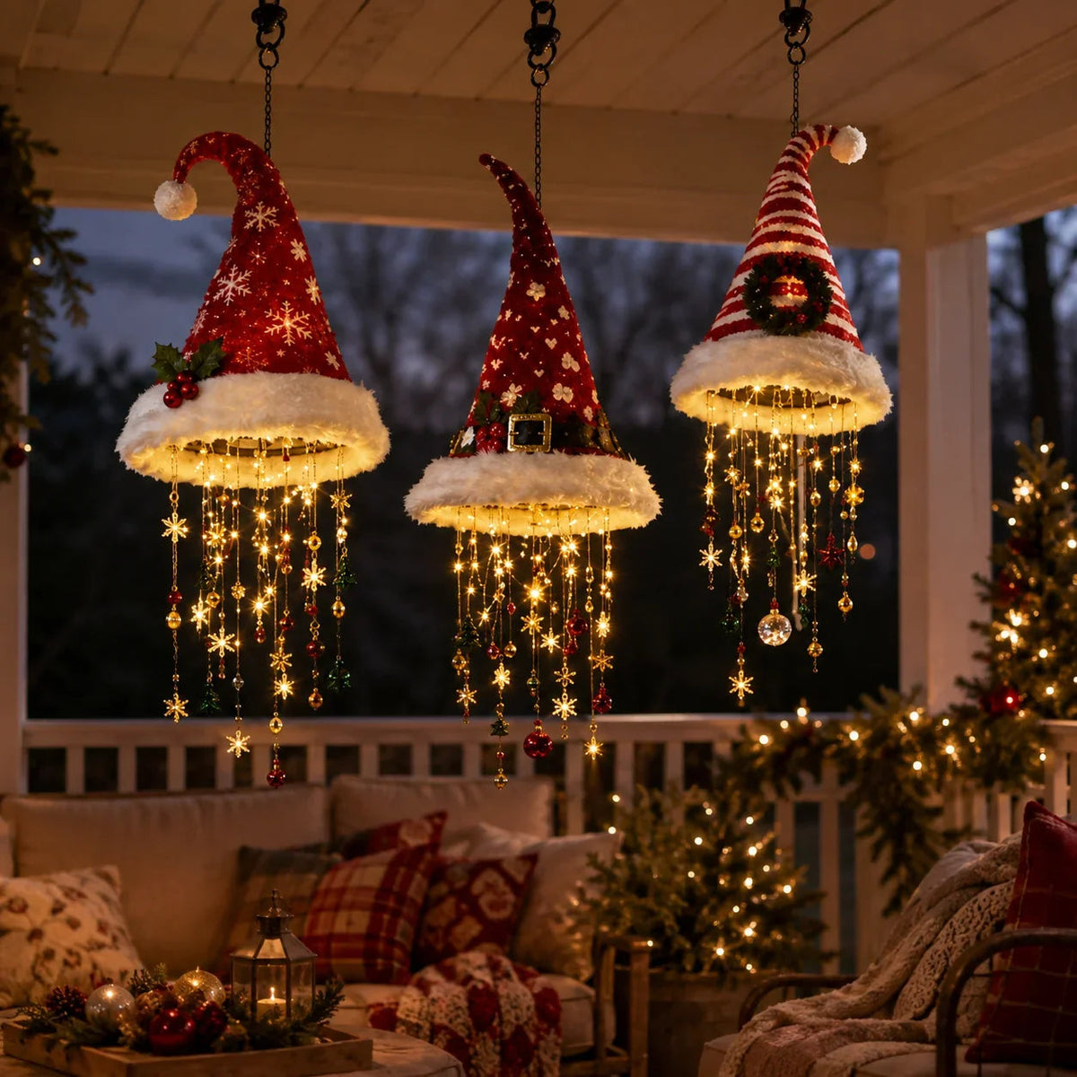 Weihnachtsmütze hängend mit LED-Licht – Anhänger, warmweiß, Kette für Fenster, Eingang und Veranda im weihnachtlichen Stil – Zorenza