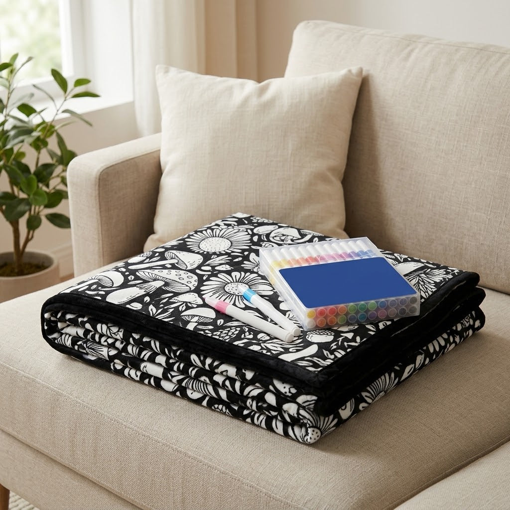 Kuscheldecke zum Ausmalen aus Flanell inkl. 24 Acrylmarker – ca. 130 × 150 cm, 5 Motive -    Zorenza