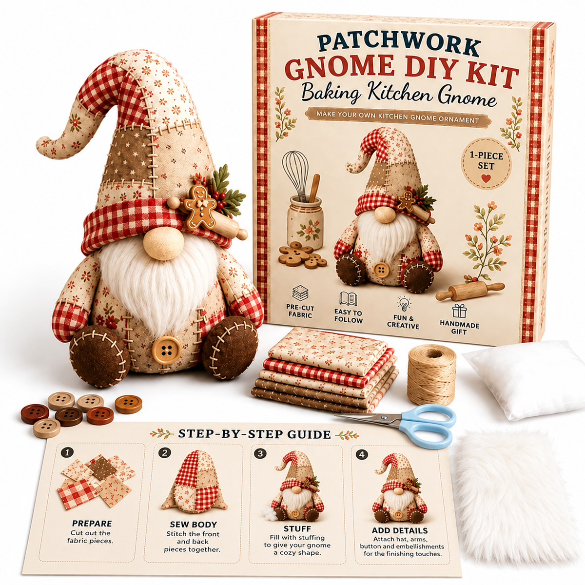 Patchwork-Wichtel Nähset – DIY Gnom zum Selbernähen, komplett mit Füllwatte & Plüschbart -    Zorenza