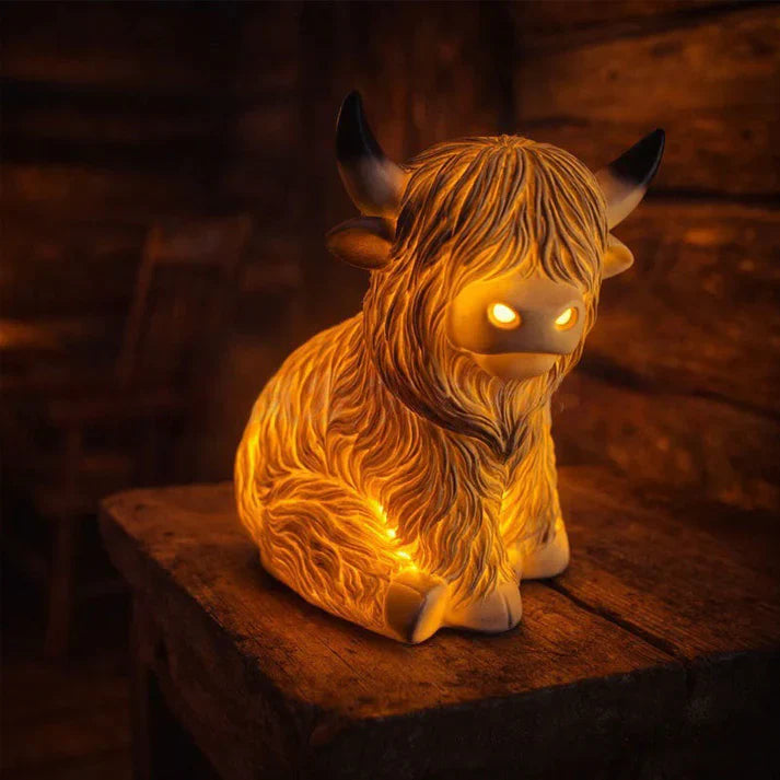 Highland-Kuh Nachtlicht aus Resin – Dekorative Lampe mit warmem Bernsteinlicht Zorenza