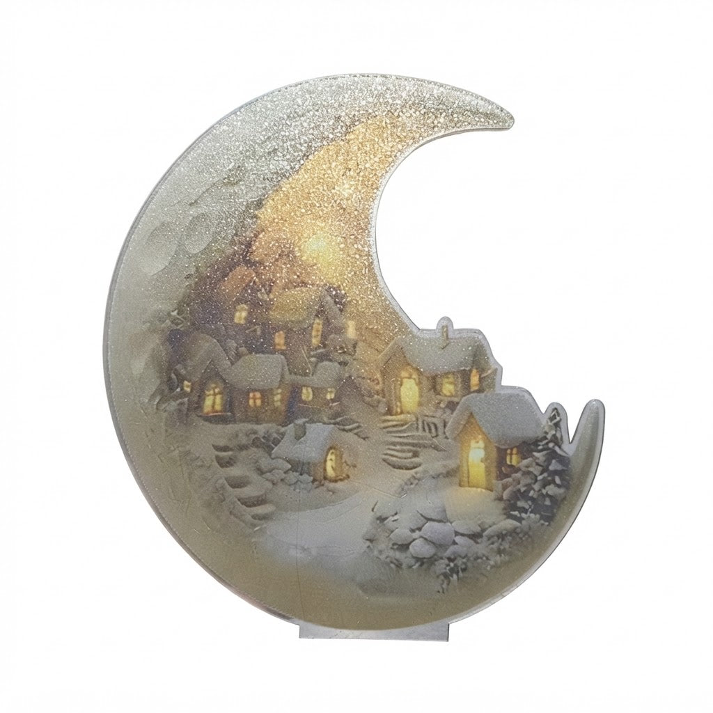 Winterdorf-Deko-Aufsteller aus bedrucktem Acryl, Mondsichel-Form, 20 × 17 cm -    Zorenza