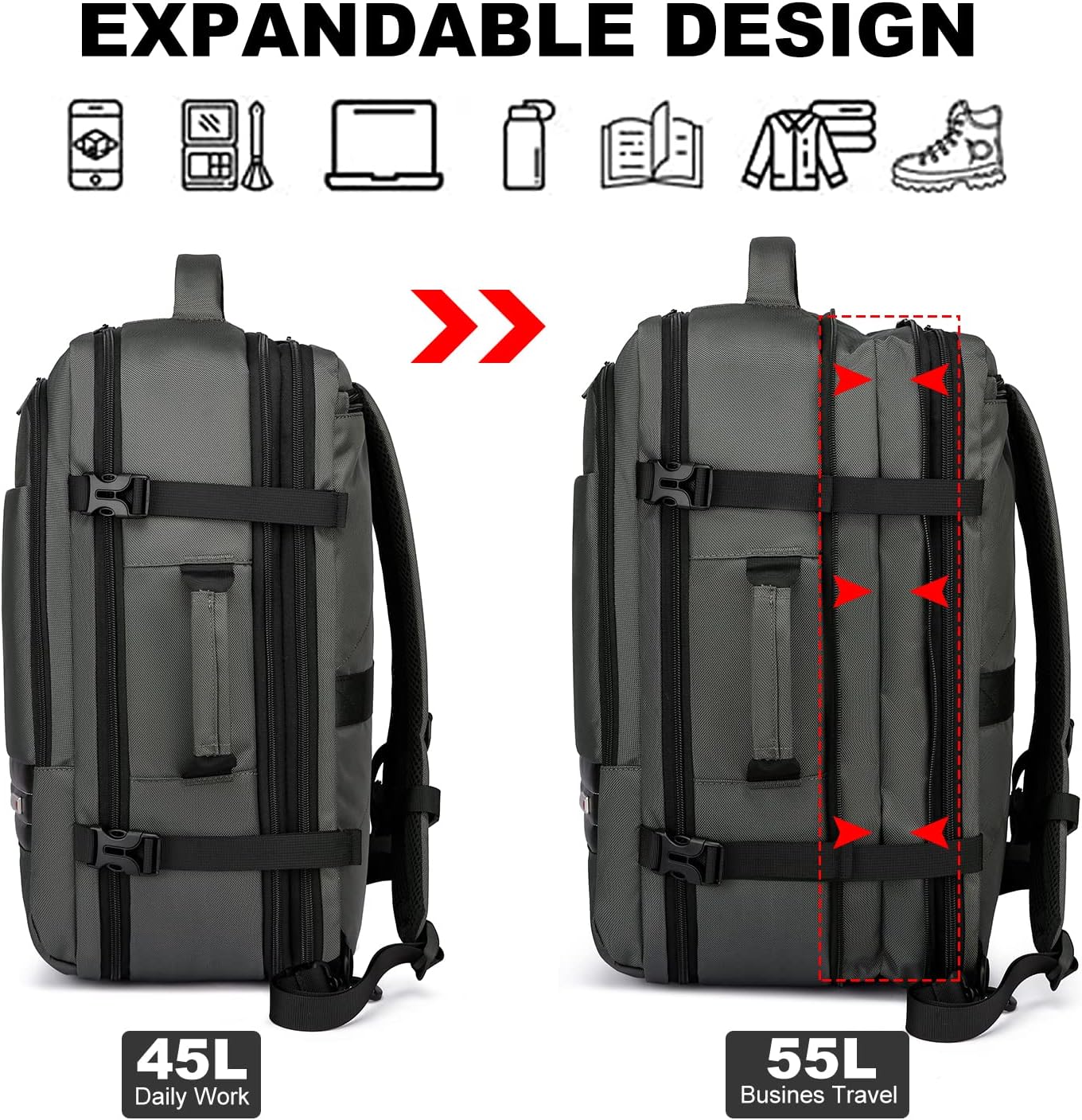 Erweiterbarer Reiserucksack 45-55L mit Laptopfach – Wasserdicht -    Zorenza