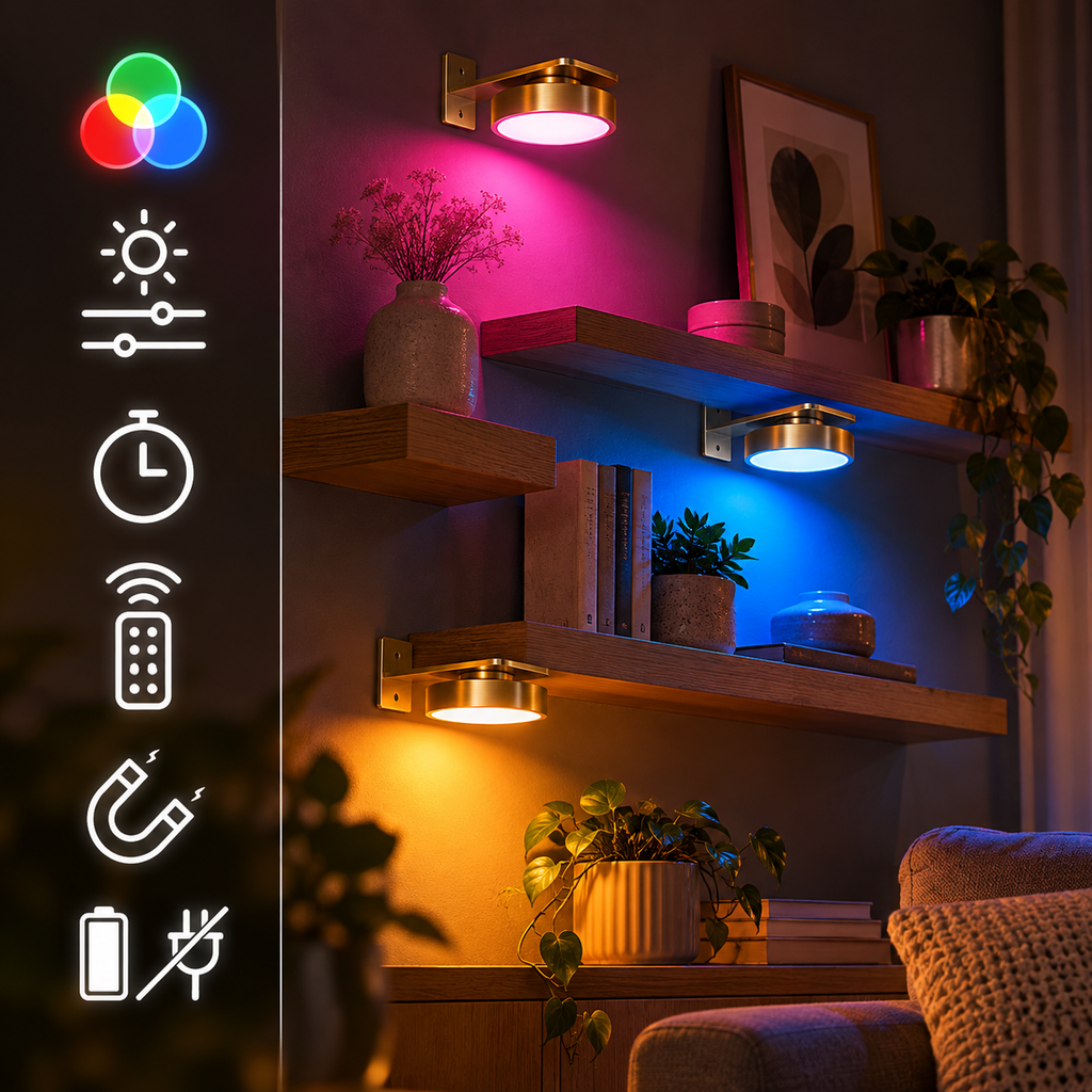 LED Bilderleuchte kabellos & magnetisch, 13 Farben RGB mit Fernbedienung, dimmbar, Timer, batteriebetrieben -    Zorenza