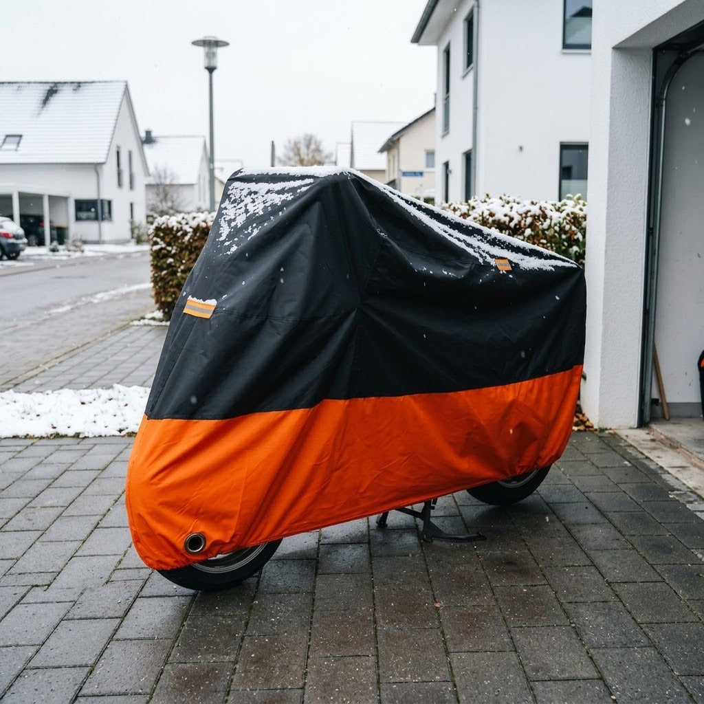 Motorradabdeckung aus 190T Oxford mit Schlossöse und Reflektoren, Schwarz/Orange, M–XXL -    Zorenza