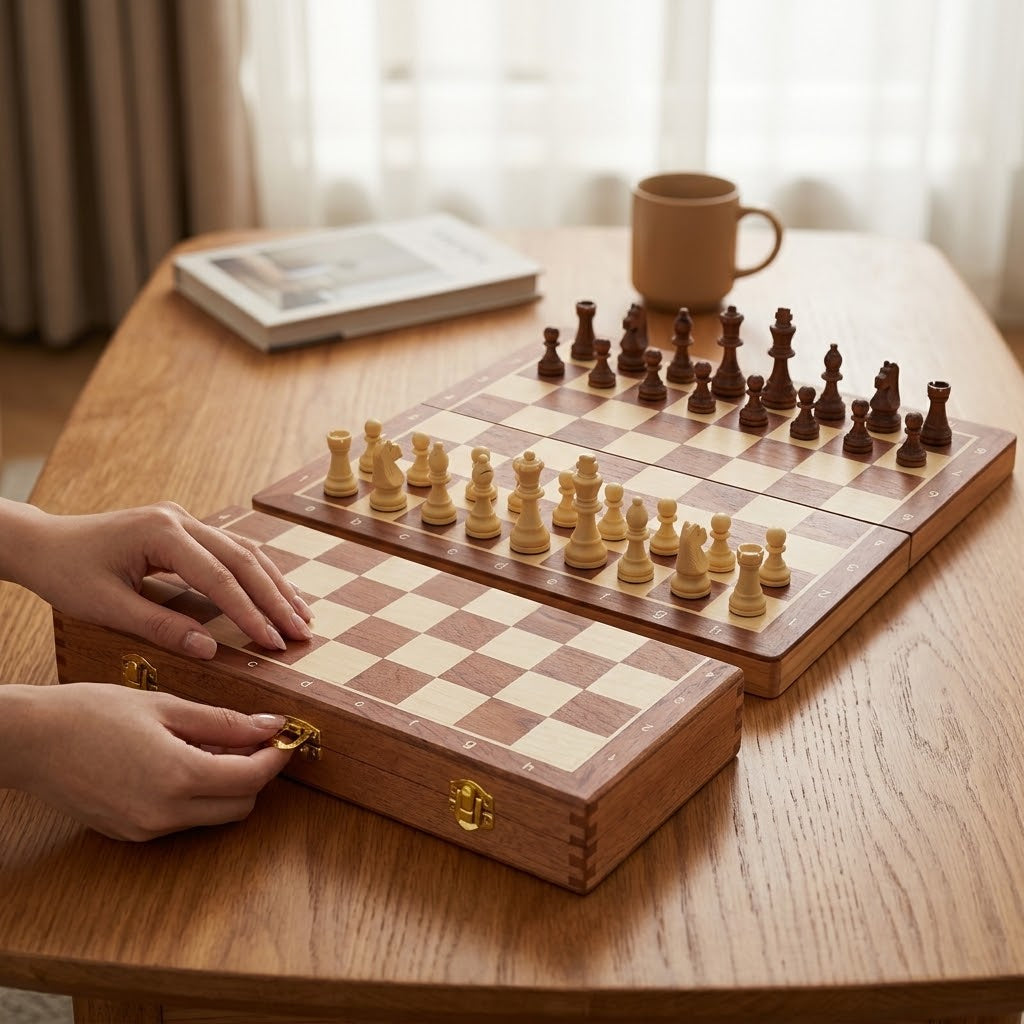 Schachspiel Holz faltbar mit Zusatzdamen -    Zorenza