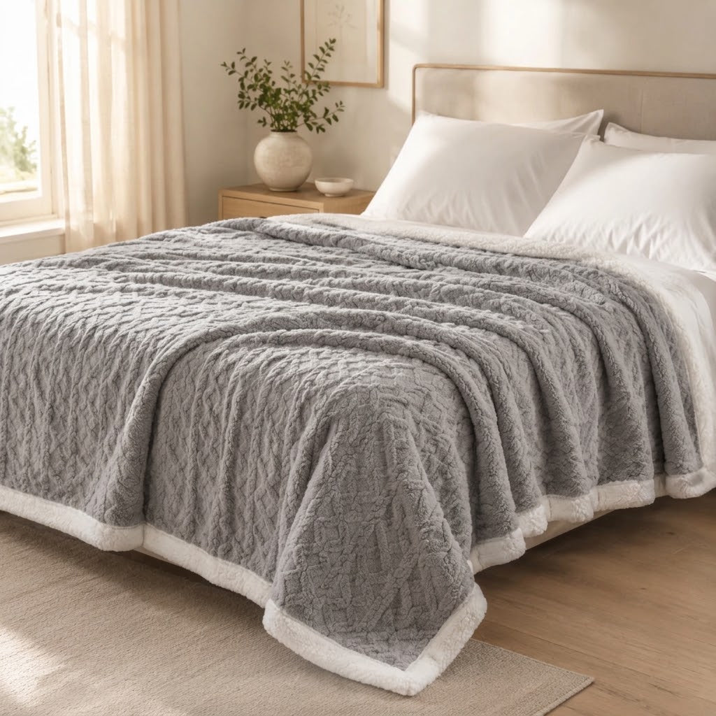 Sherpa Kuscheldecke mit Zopfmuster, wendbar – 100×150 bis 200×230 cm -    Zorenza