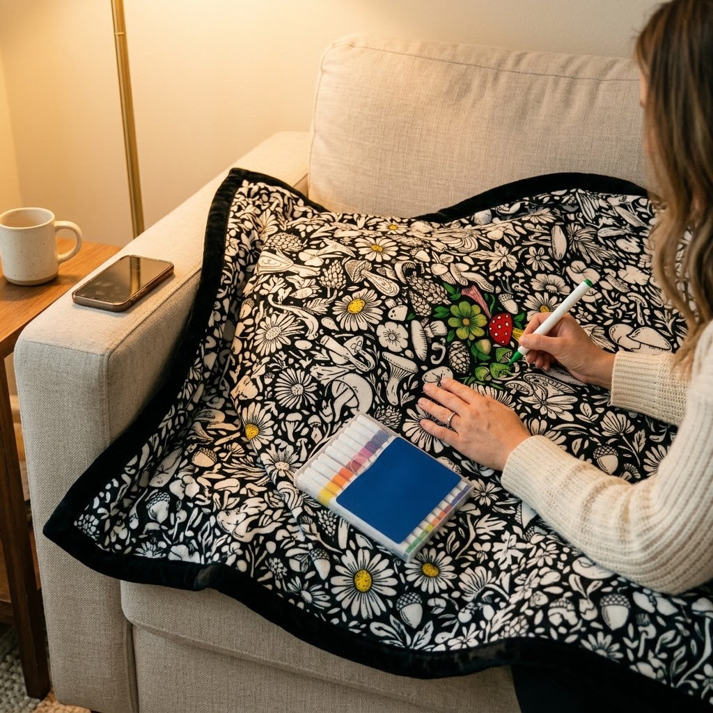 Kuscheldecke zum Ausmalen aus Flanell inkl. 24 Acrylmarker – ca. 130 × 150 cm, 5 Motive -    Zorenza