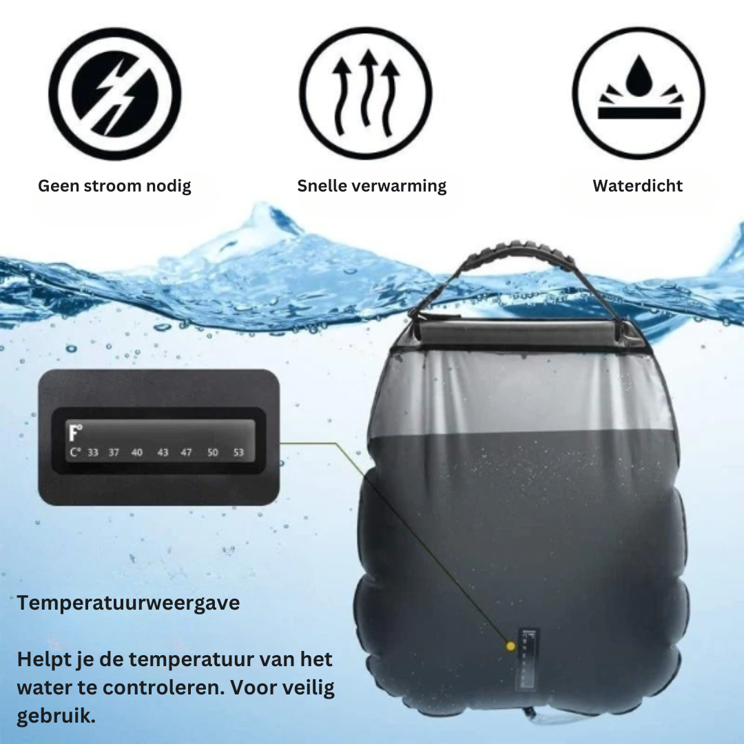 Solar Campingdusche – Aufblasbarer Wasserbehälter mit Sonnenheizung -    Zorenza