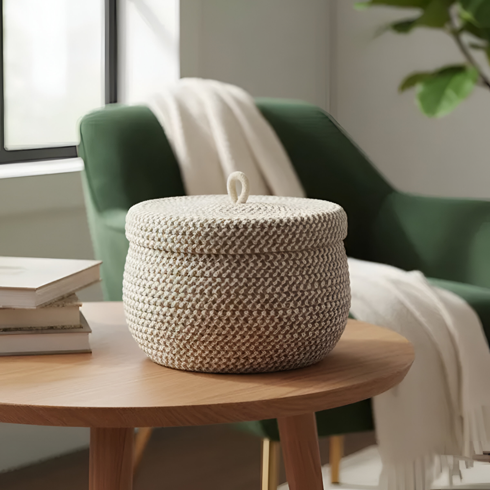Runder Gewebter Aufbewahrungskorb mit Deckel – Boho-Stil - Zorenza