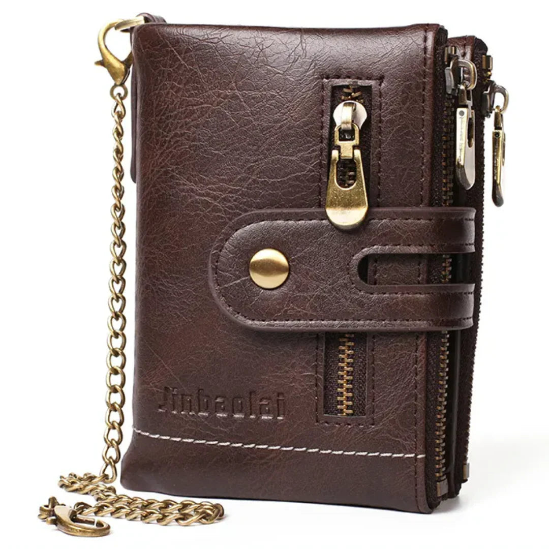 Retro-Lederbrieftasche mit Kette – 13 Kartenfächer & Doppelreißverschluss Zorenza