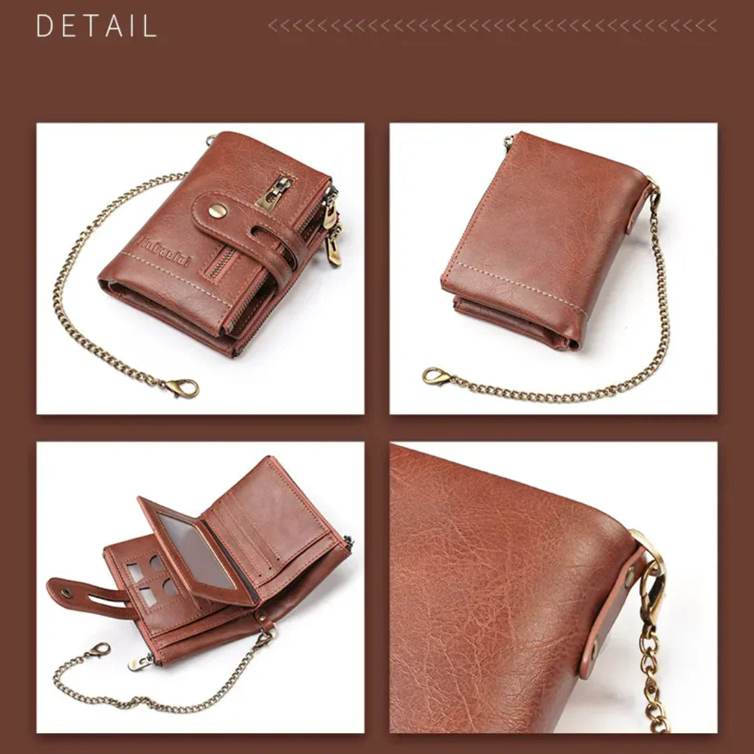 Retro-Lederbrieftasche mit Kette – 13 Kartenfächer & Doppelreißverschluss Zorenza