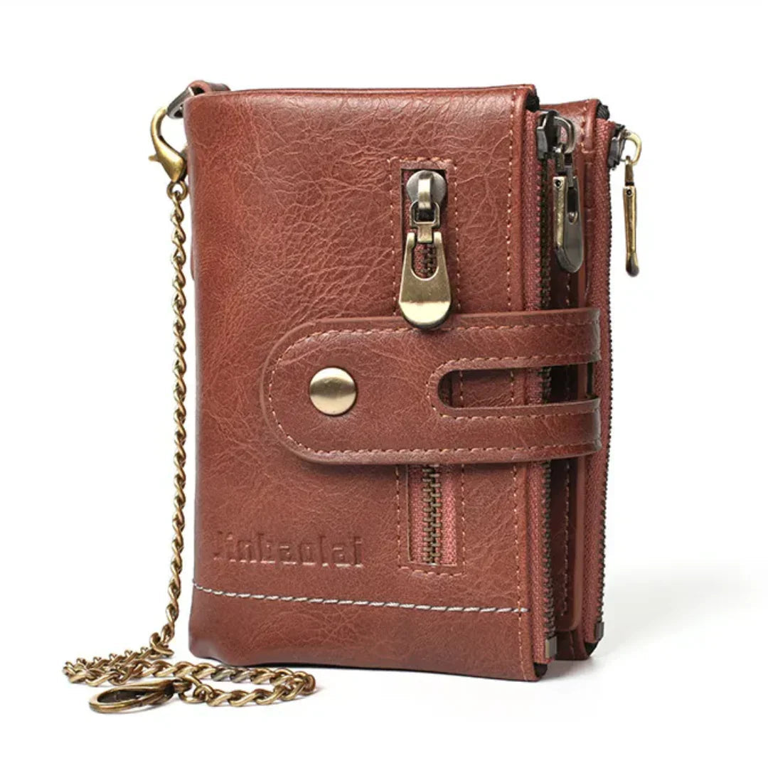 Retro-Lederbrieftasche mit Kette – 13 Kartenfächer & Doppelreißverschluss Zorenza