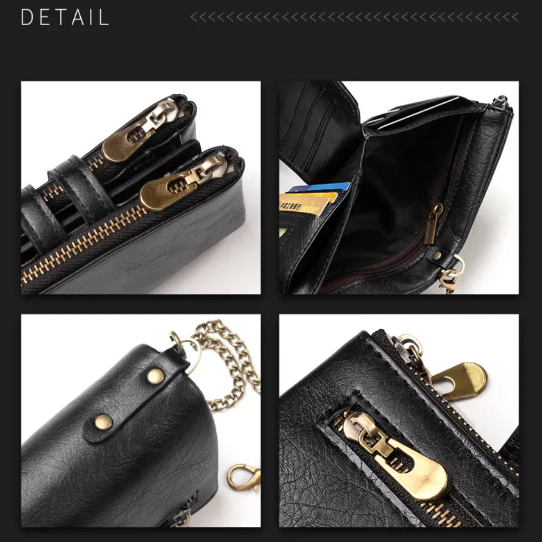 Retro-Lederbrieftasche mit Kette – 13 Kartenfächer & Doppelreißverschluss Zorenza